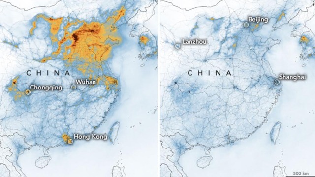 Imágenes de la NASA muestran disminución en la contaminación de China por el coronavirus