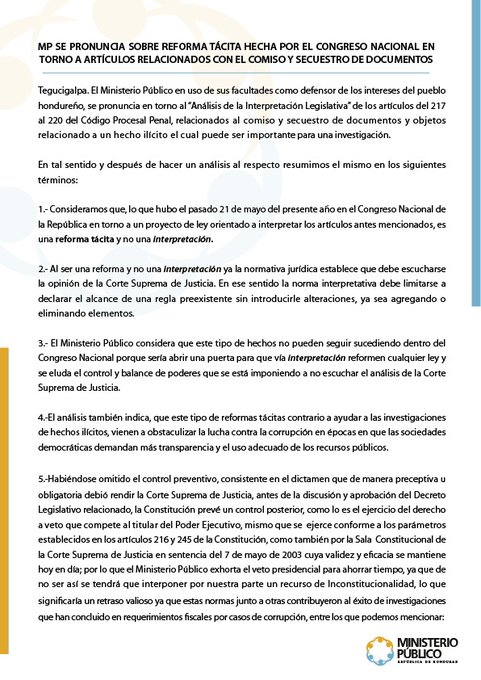MP se pronuncia sobre reforma tácita hecha por el CN en torno a artículos relacionados con el comiso y secuestro de documentos MP se pronuncia sobre reforma tácita hecha por el CN en torno a artículos relacionados con el comiso y secuestro de documentos