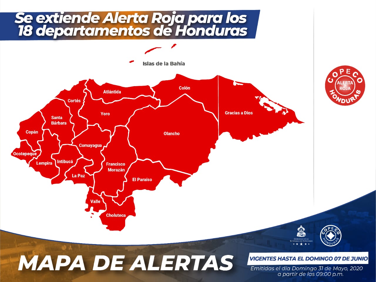 Emergencia por Covid-19: Se extiende Alerta Roja para los 18 departamentos de Honduras
