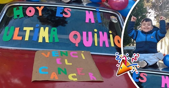 Pequeño celebra el fin de su tratamiento con globos y carteles coloridos Pequeño celebra el fin de su tratamiento con globos y carteles coloridos