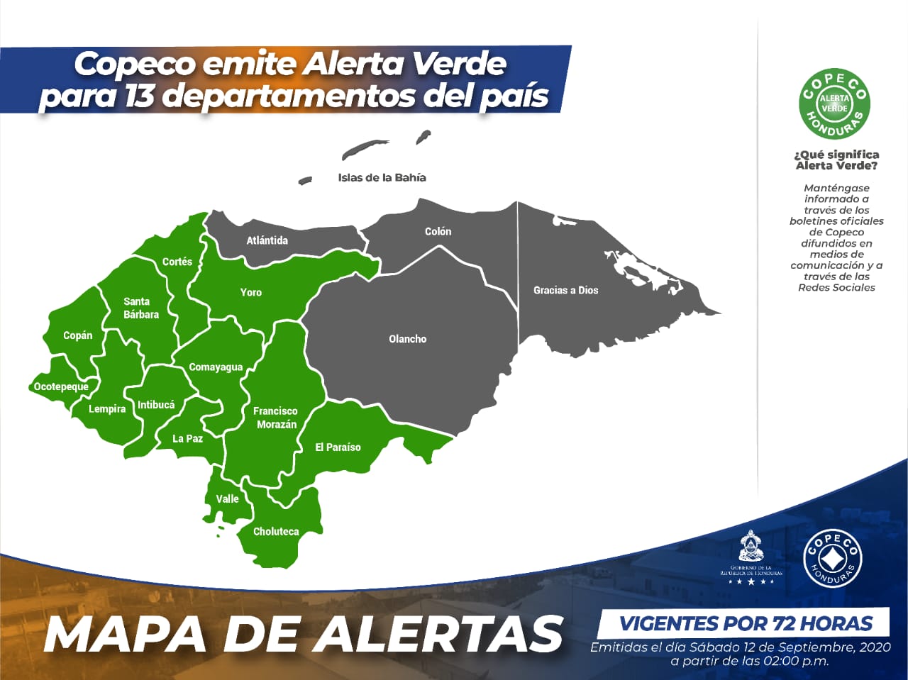 Copeco emite Alerta Verde para 13 departamentos del país