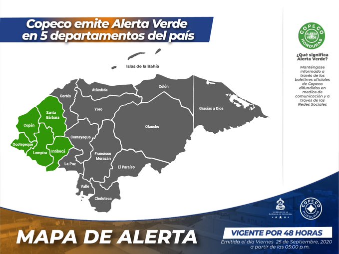 Emiten Alerta Verde por 48 horas para cinco departamentos de Honduras
