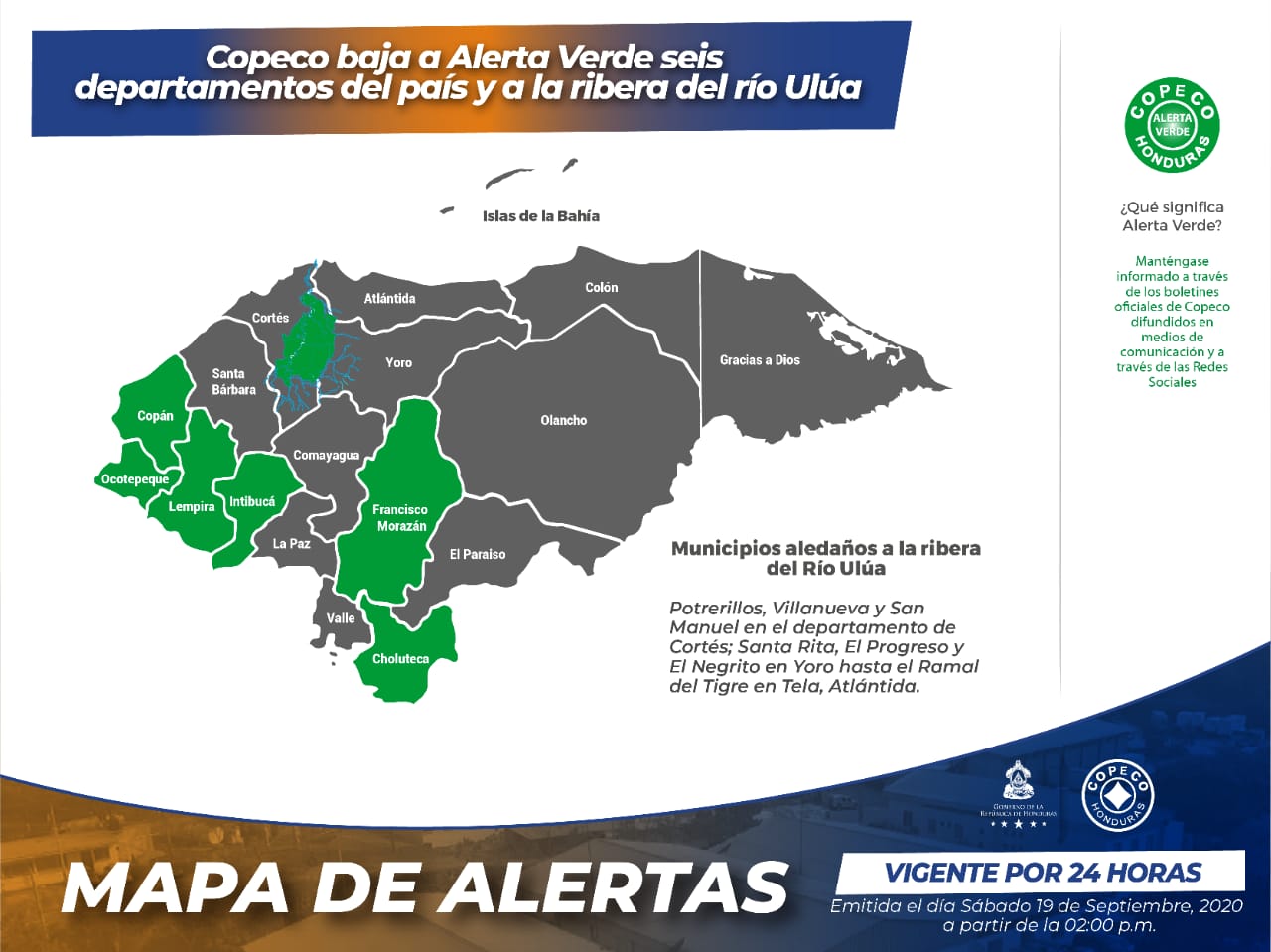 Copeco baja a Alerta Verde seis departamentos del país y a las riberas del Río Ulúa