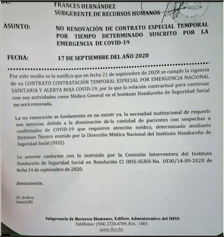 Tras disminución de casos de Covid-19 comienzan a despedir médicos