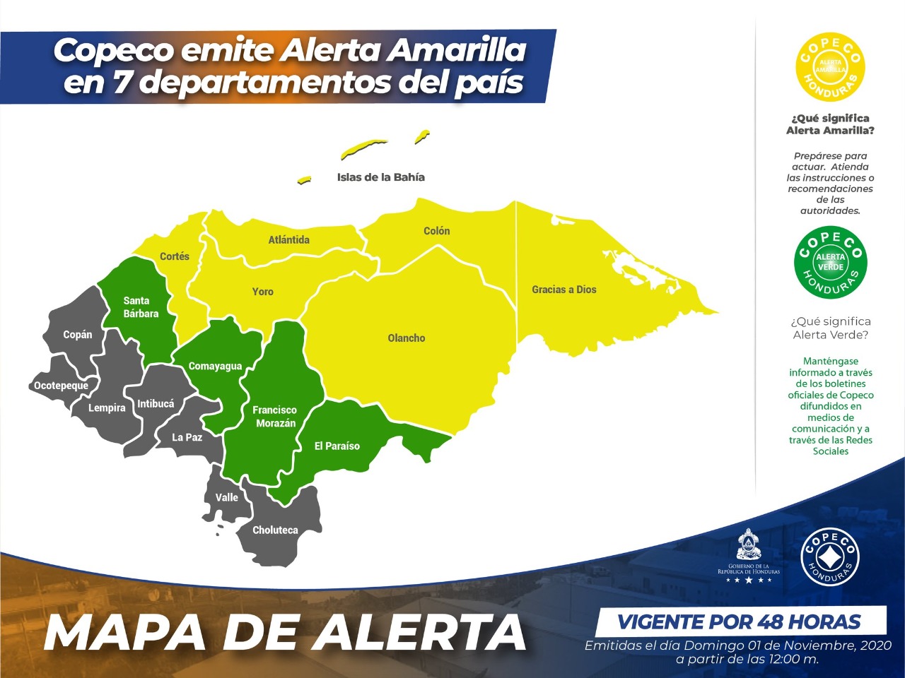Emiten Alerta Amarilla en 7 departamentos del país Emiten Alerta Amarilla en 7 departamentos del país