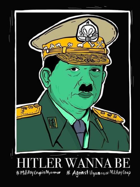 Los manifestantes a compararon al comandante en jefe militar, Min Aung Hlaing, con Adolfo Hilter.