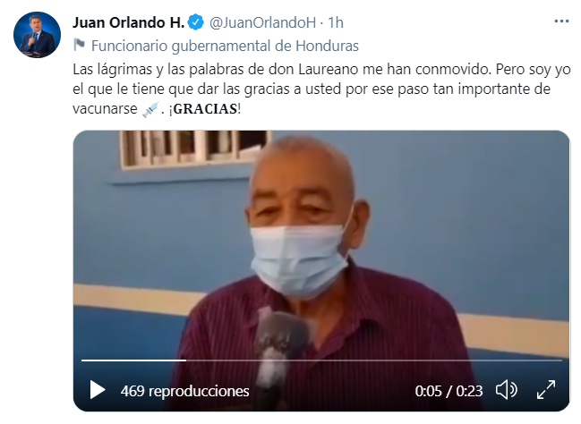Presidente Hernández se conmueve con video de persona de la tercera edad agradeciendo por la vacuna ANTICOVID