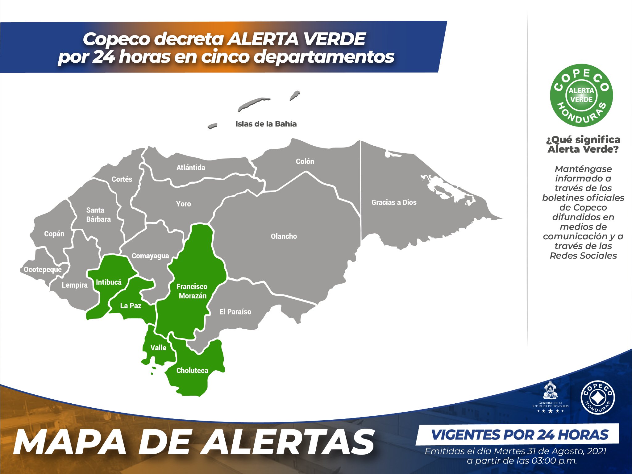 Copeco decreta alerta verde por 24 horas para cinco departamentos Copeco decreta alerta verde por 24 horas para cinco departamentos