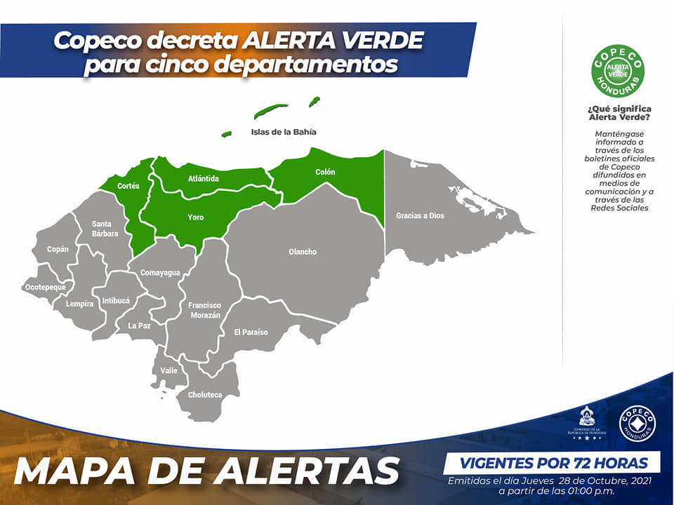 Decretan alerta verde para cinco departamentos de Honduras por frente frío
