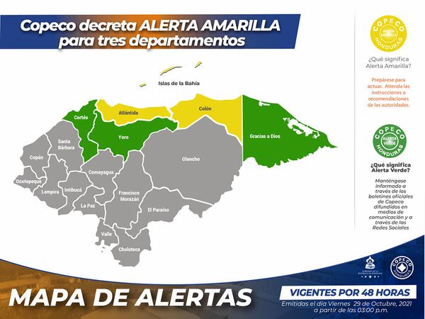 Decretan alerta amarilla por 48 horas para tres departamentos del país