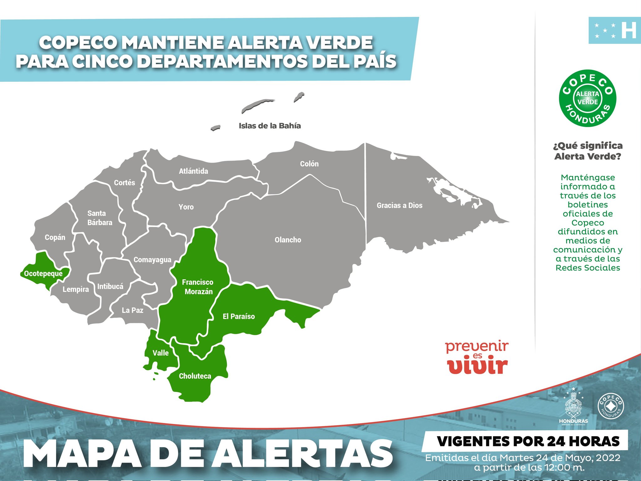 Copeco extiende por 24 horas Alerta Verde para cinco departamentos