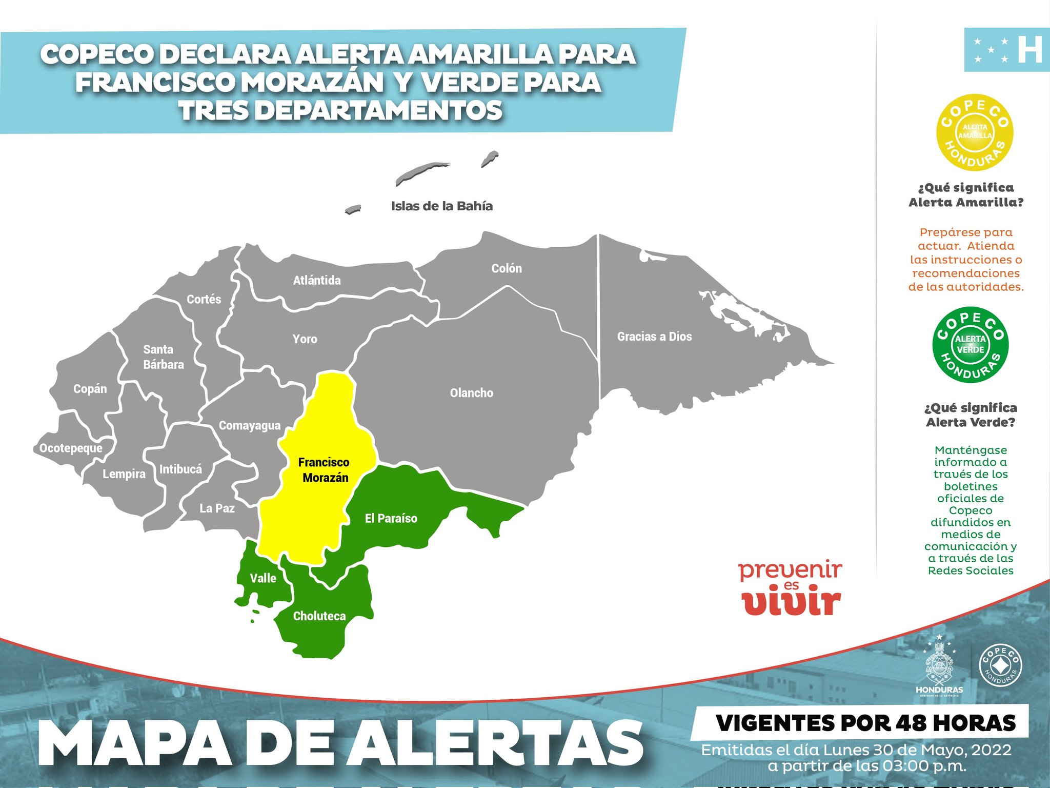 Declaran Alerta Amarilla para Francisco Morazán y Verde para tres departamentos