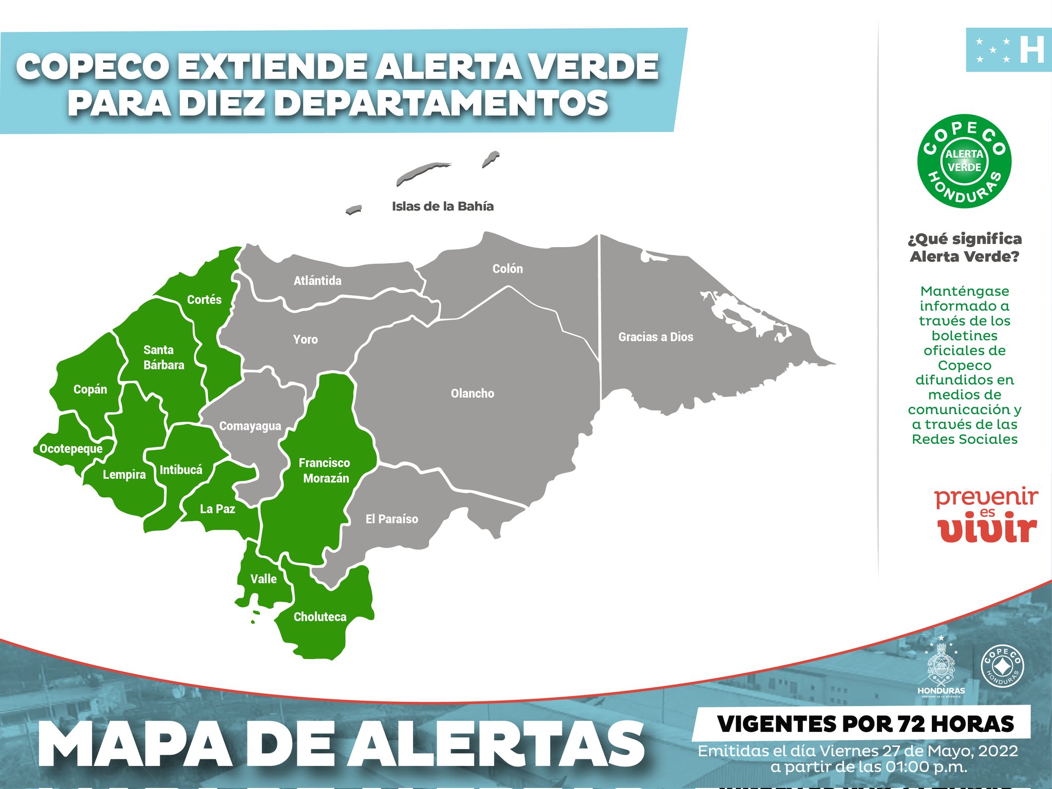 COPECO extiende alerta verde para 10 departamentos
