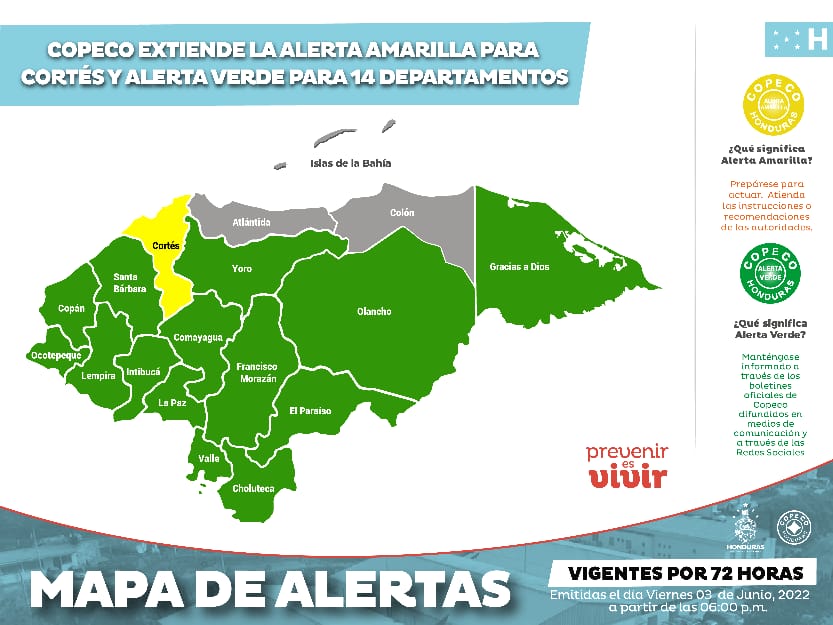 Copeco extiende alerta amarilla para Cortés y verde para 14 departamentos