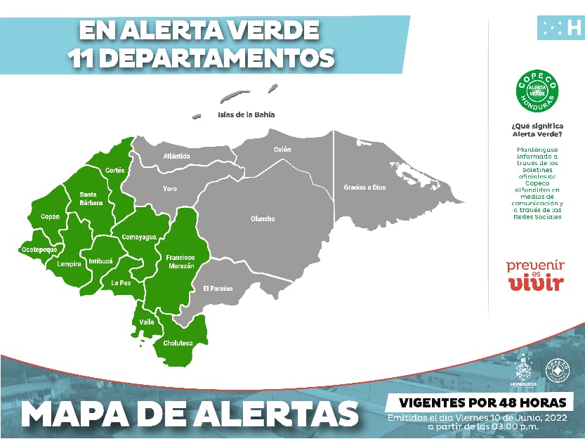 Copeco mantiene alerta verde para 11 departamentos