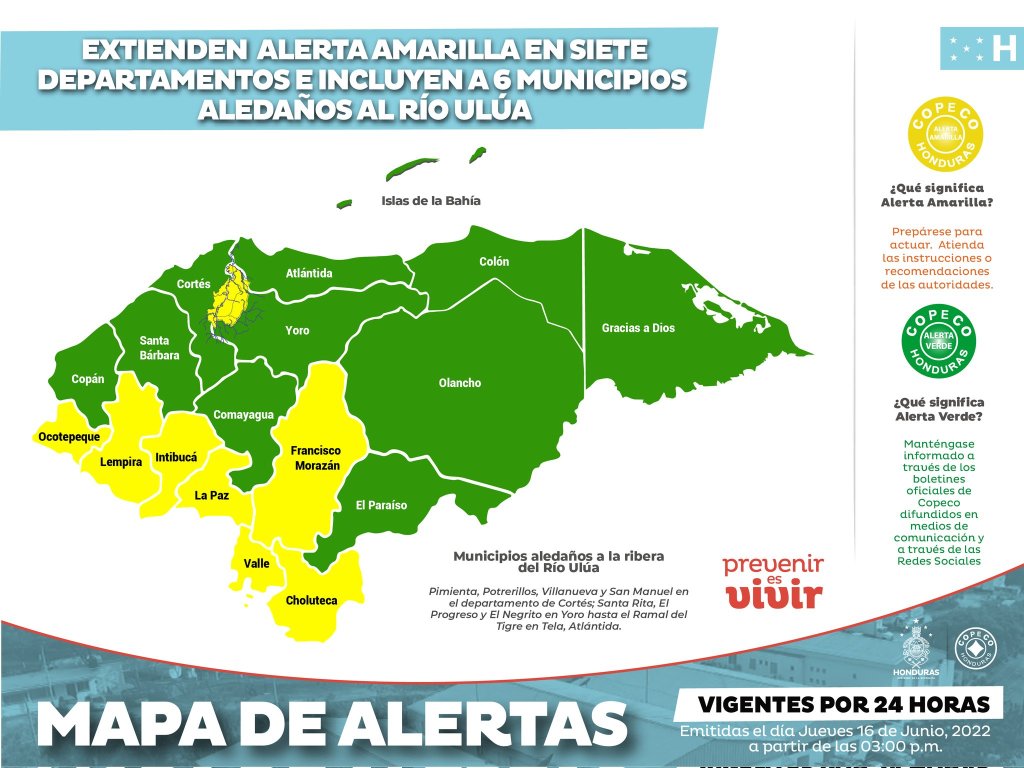 Extienden alerta amarilla en siete departamentos y alerta verde en el resto  del país