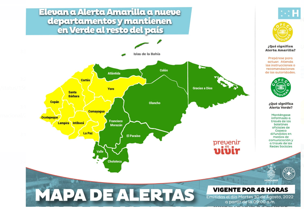 Copeco decreta alerta amarilla en nueve departamentos del país y el resto se mantiene en verde