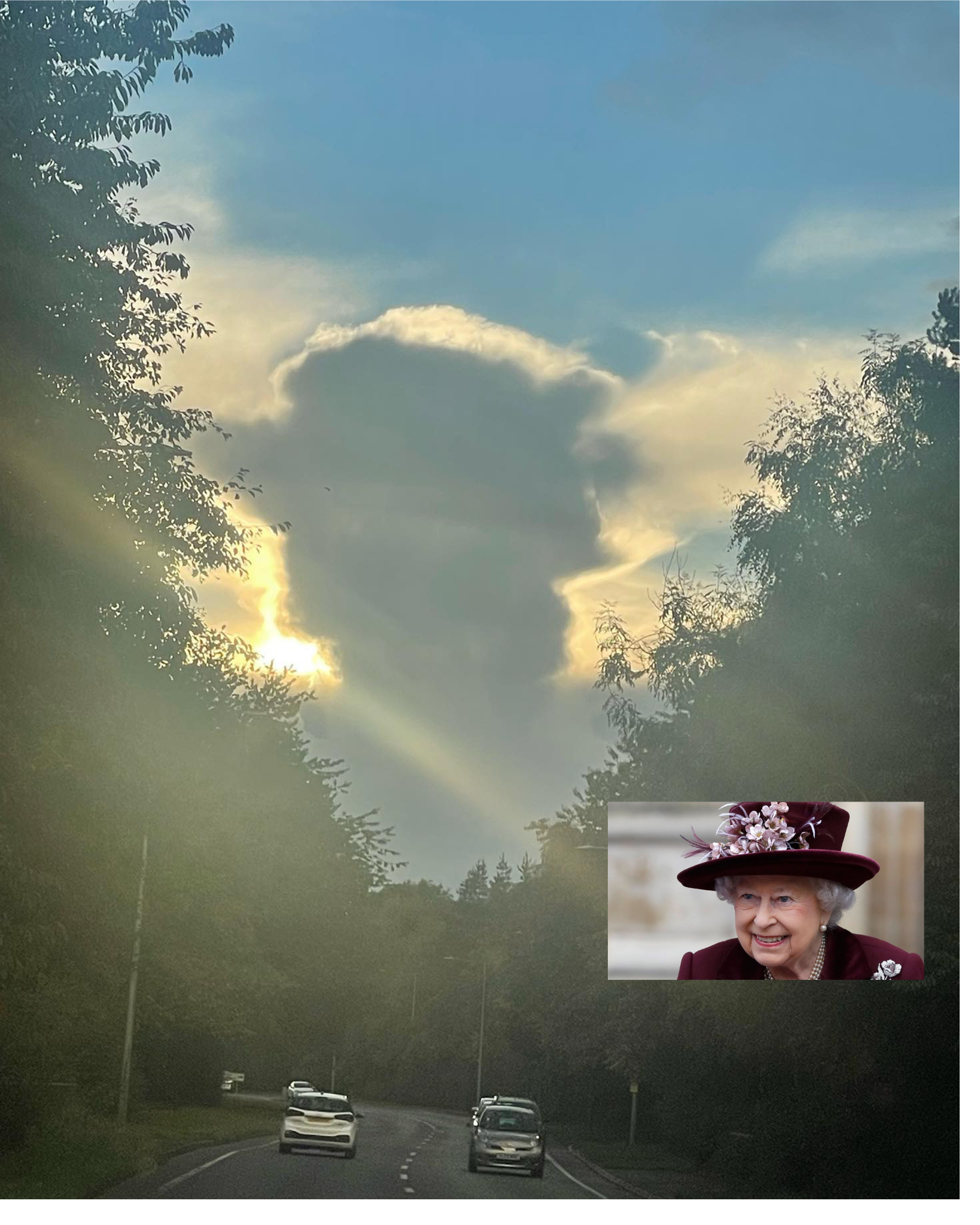 Mujer asegura que apareció silueta de la Reina IsabeI II en el cielo.