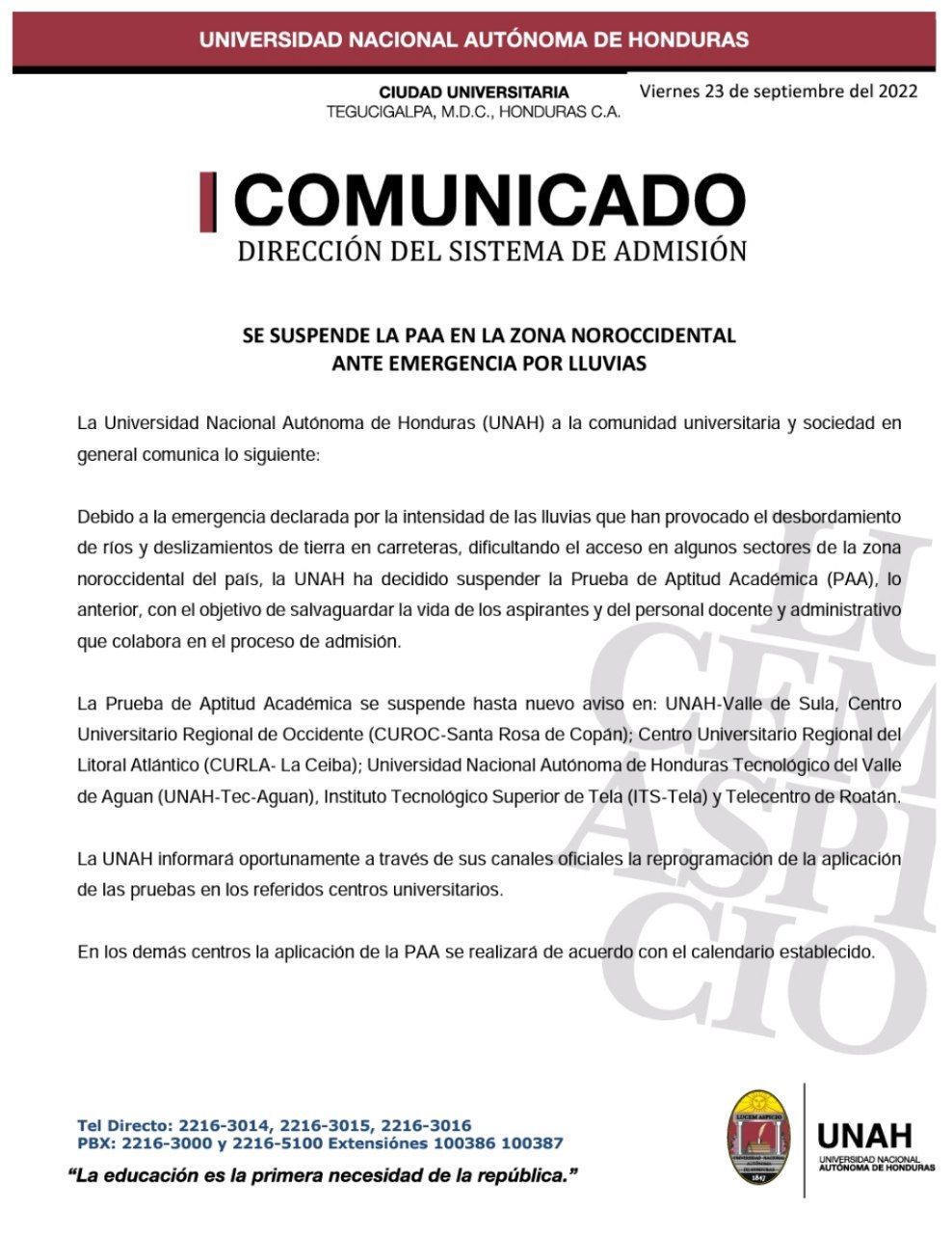 Se suspende aplicación de la PAA en Universidades de la zona noroccidental.
