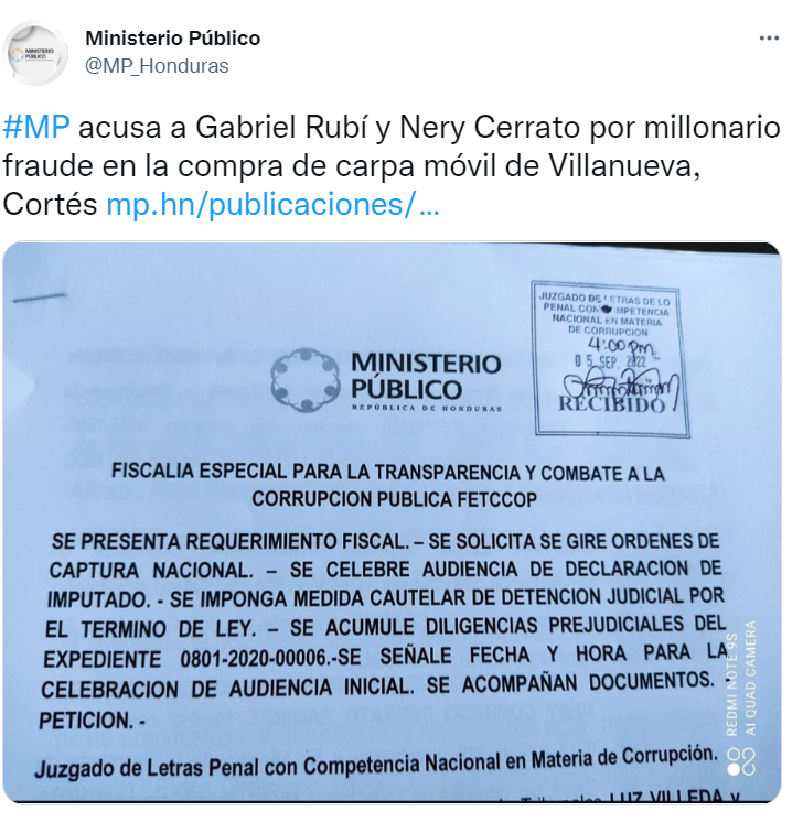 MP acusa a Gabriel Rubí y Nery Cerrato por millonario fraude en la compra de carpa móvil de Villanueva, Cortés