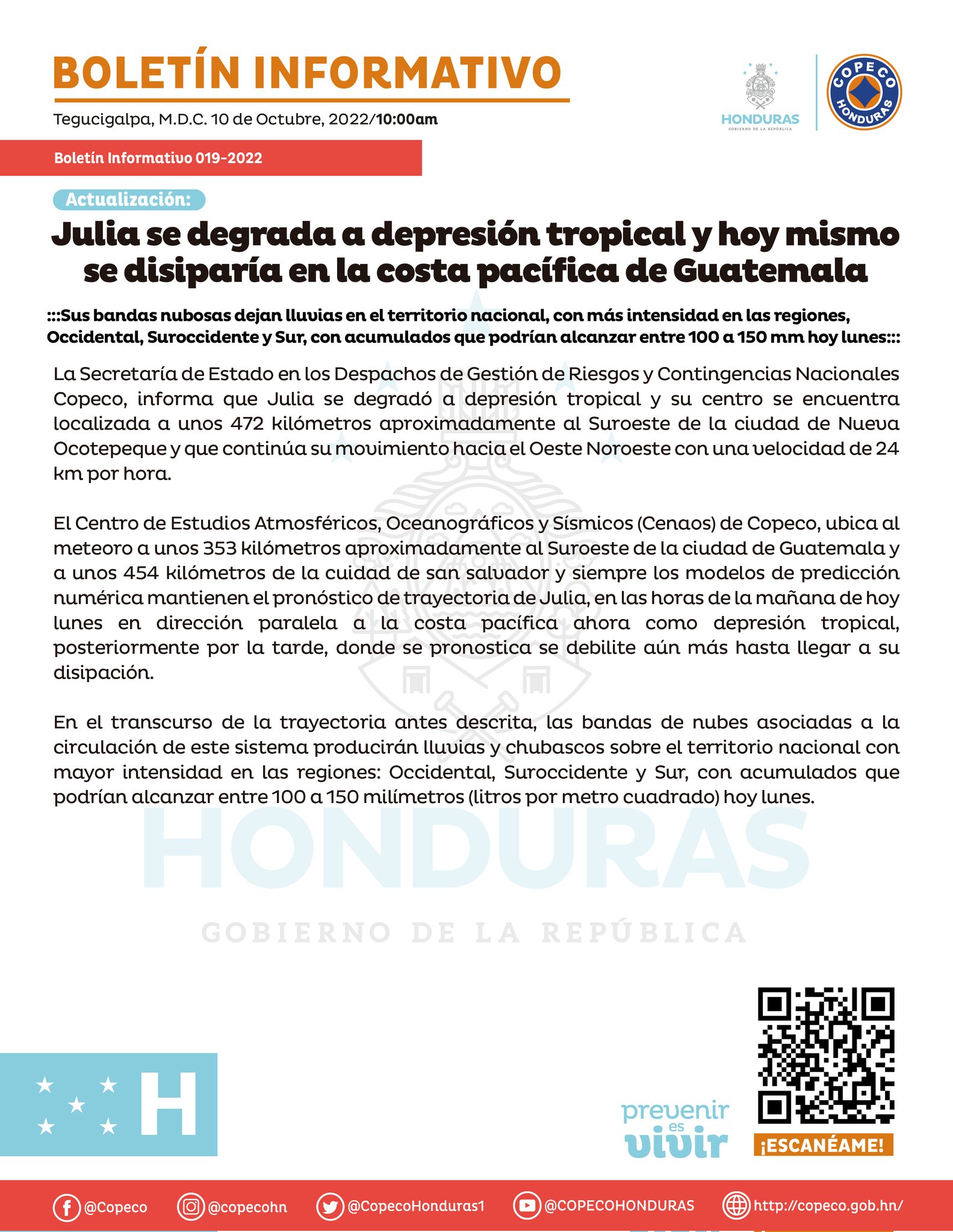 Julia se degrada a depresión tropical y hoy mismo se disiparía en la costa pacífica de Guatemala.