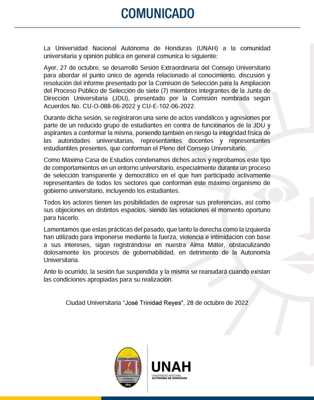 UNAH emite comunicado por la suspensión de la Sesión Extraordinaria de Consejo Universitario en horas de la tarde de ayer.