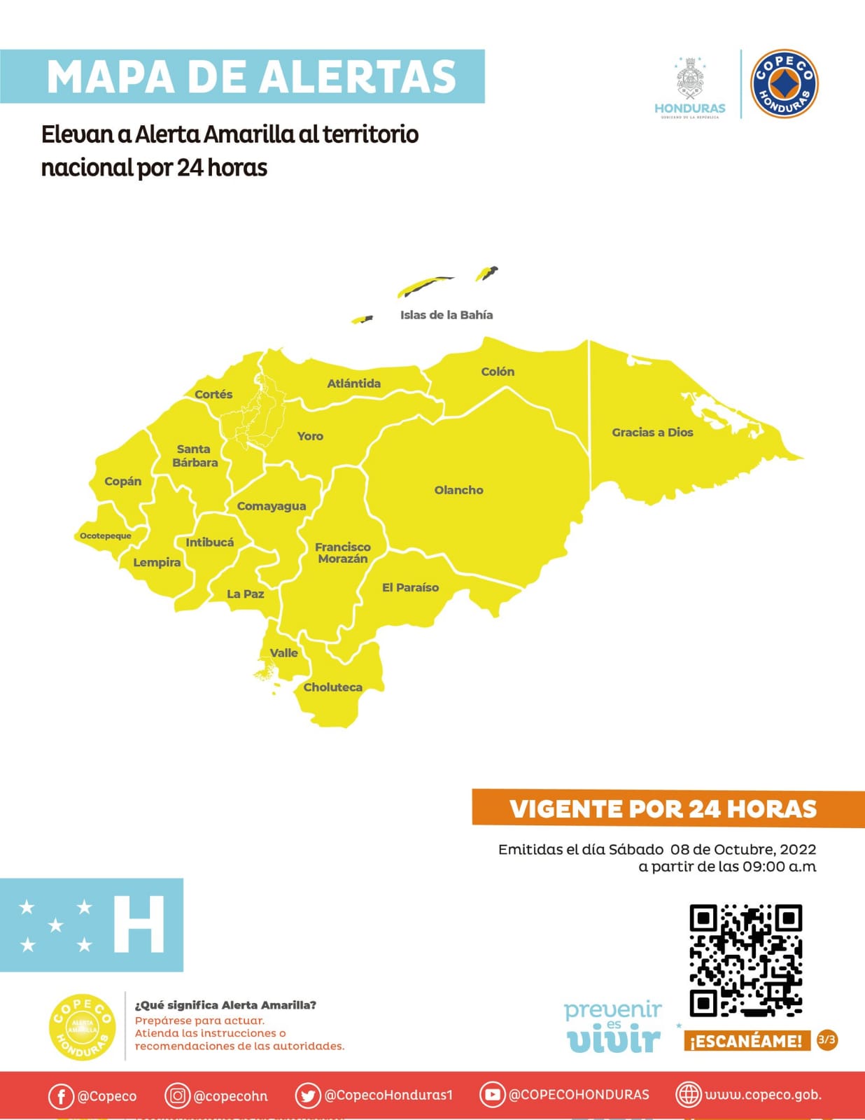 Copeco elevan a alerta amarilla todo el territorio nacional por 24 horas