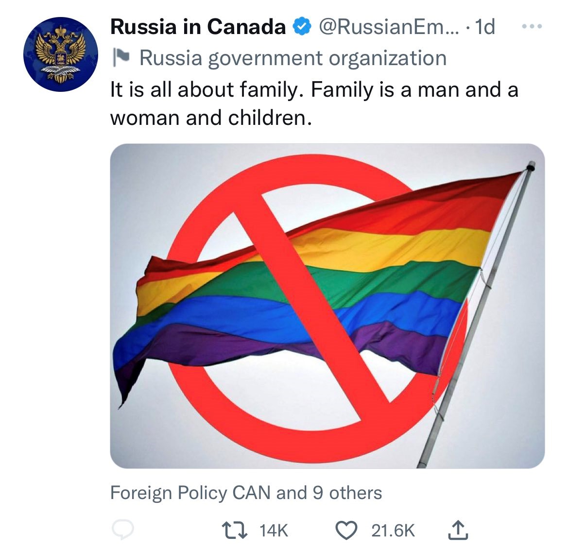 Canadá convocó al embajador ruso por tuits de odio contra la comunidad LGBTQ