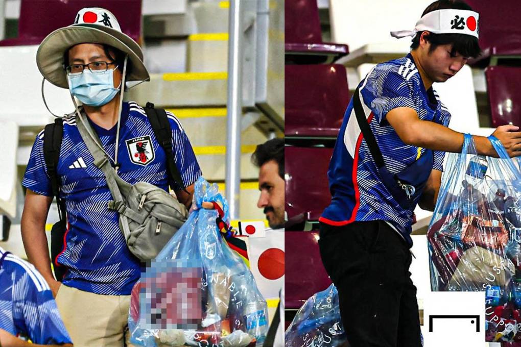 Hinchas japoneses se quedan después de un partido y ayudan a limpiar el estadio.
