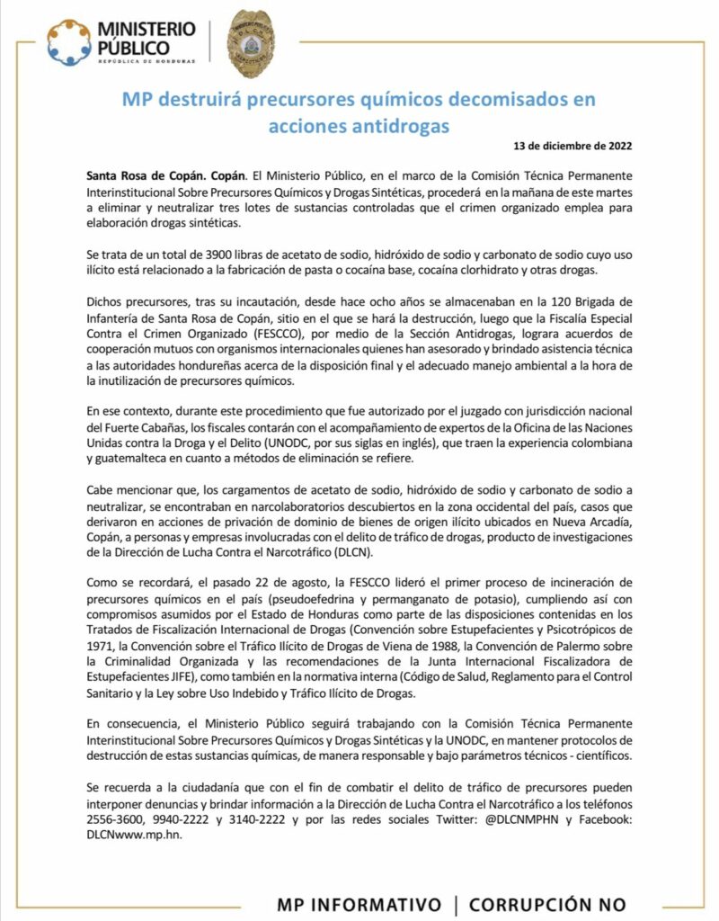 MP destruirá precursores químicos decomisados en acciones antidrogas