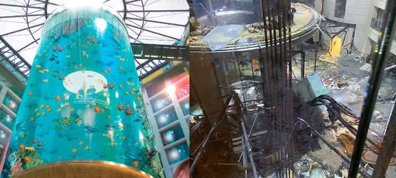 Estalla en mitad de la noche el acuario cilíndrico más grande del mundo