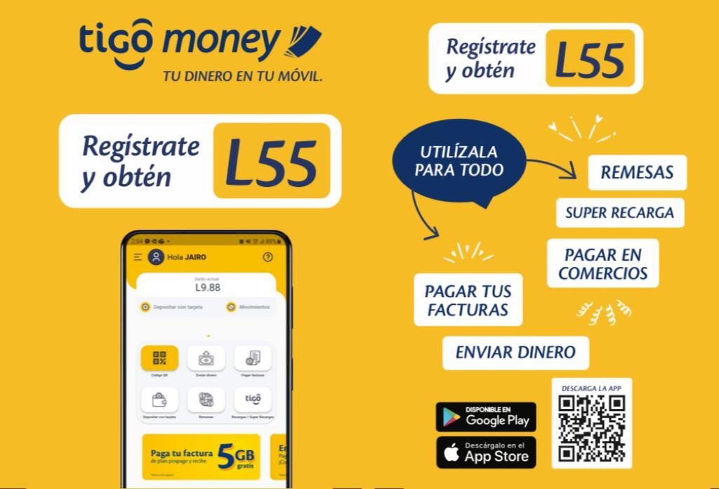 Descarga Tigo Money APP y recibe L 55 al registrarte,  tu dinero en tu móvil