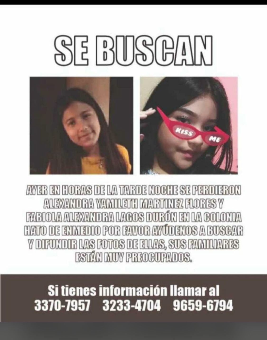 ¡SE BUSCAN! 2 menores de edad se encuentran desaparecidas y fueron vistas por última vez en la colonia Hato de Enmedio ¡SE BUSCAN! 2 menores de edad se encuentran desaparecidas y fueron vistas por última vez en la colonia Hato de Enmedio