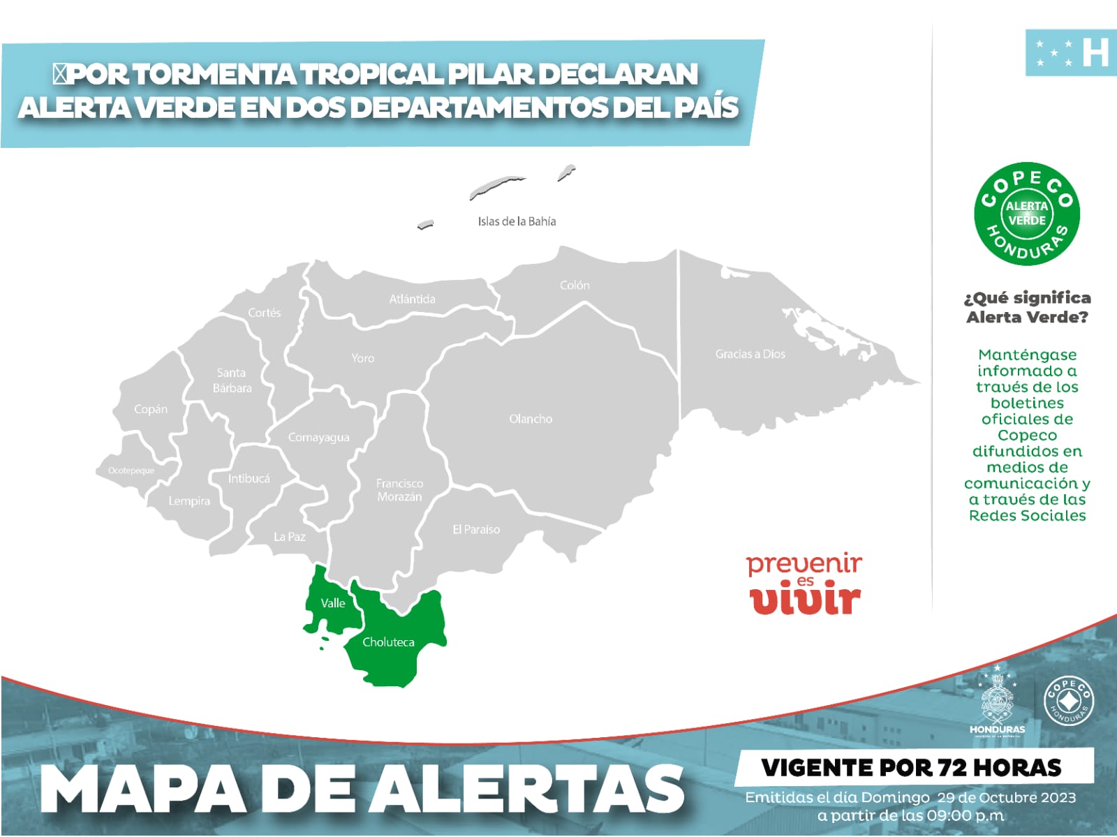 Por tormenta tropical Pilar declaran alerta verde en Choluteca y Valle