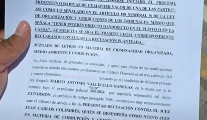 Presentan segunda recusación para no desarrollar audiencia inicial contra juez Marco Vallecillo