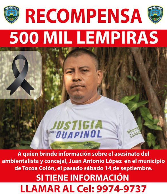 Policía anuncia recompensa de 500 mil lempiras por pistas sobre el asesinato de un activista ambiental